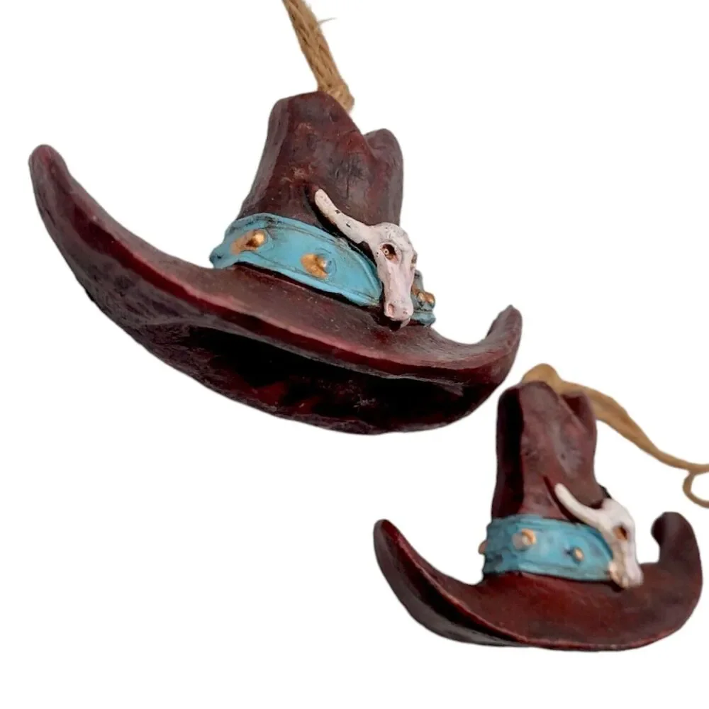 Vintage Pair of Cowboy Hat Christmas Ornaments Longhorn Skulls Hillbilly 3" - Picture 4 of 8